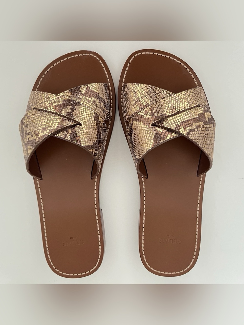 NEW Celine Women's Leather Sandals Slides 39 Gold Animal Print Flat Quiet Luxury